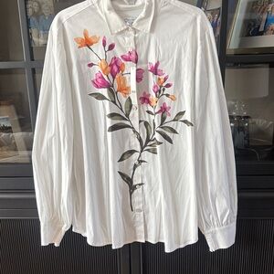 Chico's Cream Button-Up Blouse with Pink Floral Accent